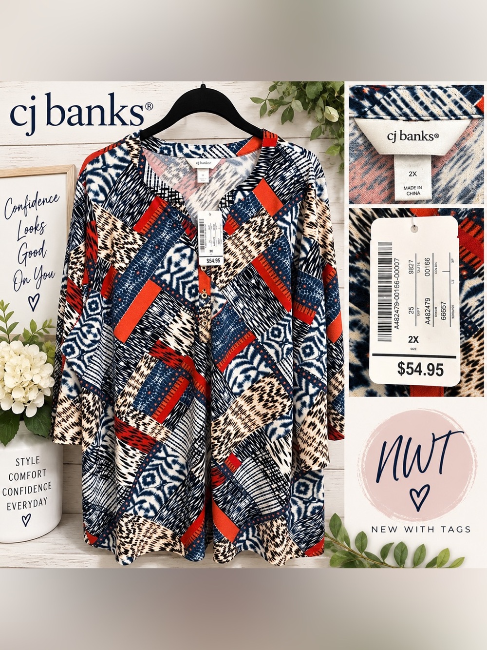 NWT CJ Banks 2X Multicolor Patchwork Print Tunic Top